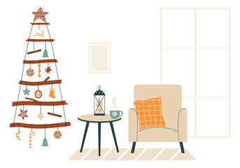 Alternative Christmas eco tree. Living room interior. Eco-friendly Xmas decorations made paper and textiles. New Years decoration. DIY decor. Flat vector illustration on white isolated background.