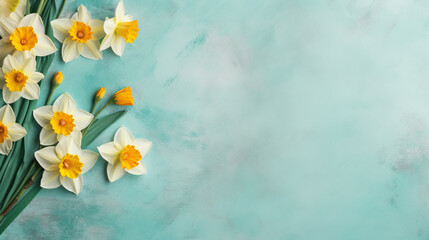  a bouquet of yellow and white daffodils on a blue background.  generative ai