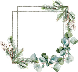 Winter Square silver Frame with fir branches, eucalyptus, pine, cotton. Watercolor, vector illustration. Template with space for text, greeting cards, invitation, celebration, wedding, party, mood 
