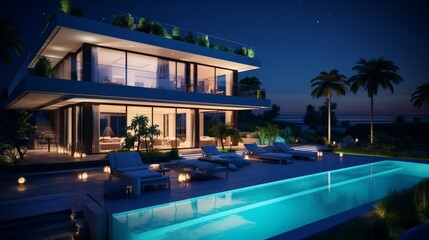 Fototapeta na wymiar Modern villa with pool, night scene 8k,