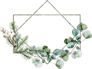 Watercolor Silver frame in rhombus and rectangular shape. Template with space for text, message, sign greeting cards, invitation, decoration, save the date, wedding, greeting design, birthday.