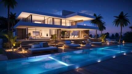 Fototapeta na wymiar Modern villa with pool, night scene 8k,