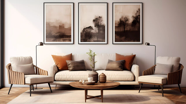 a living room with a couch; coffee table and three pictures on the wall above it