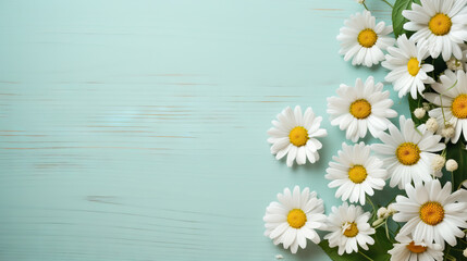  a bunch of white daisies on a blue wooden background.  generative ai