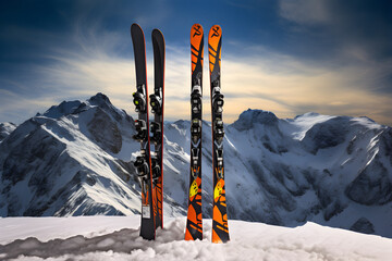 ski landscape, cross skis, ski touring equipments, winter mountain, Snow sports, Traveling concept background, Concept travel ski, snow mountains
