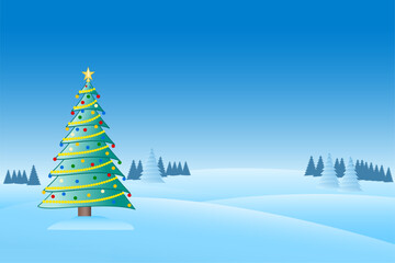 Christmas tree decorated with ornaments and a garland with a snowy landscape - Vector Illustration