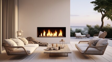 Modern white interior design with fireplace and beautiful backyard view 