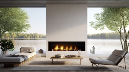 Modern white interior design with fireplace and beautiful backyard view 