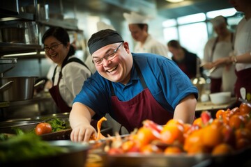 A chef with Down syndrome displaying culinary expertise in a professional kitchen, surrounded by a vibrant ingredients