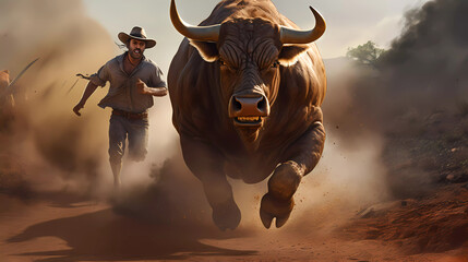 a man is running behind a large bull in the dirt with a gun in his hand and a man in a cowboy outfit is running behind him
