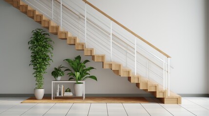 Modern white stairs with wooden handrail 8k, - Powered by Adobe