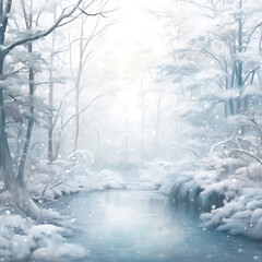 A Winter snowy landscape with a snowy landscape and a snowy mountain in the background. Design a serene winter forest scene with snow-covered trees.