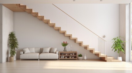 Modern white stairs with wooden handrail 8k,