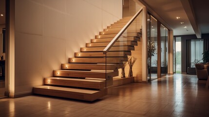 Modern wooden stairs in the hallway in big house 8k,