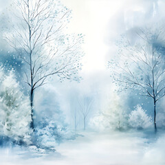 A Winter snowy landscape with a snowy landscape and a snowy mountain in the background. Design a serene winter forest scene with snow-covered trees.