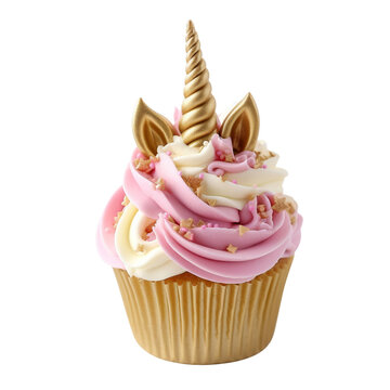 Unicorn cupcakes, Children birthday muffins, unicorn, Pastel Pink frosting icing, vanilla cake, Gold Ears and Horn decoration, Isolated on Transparent Background PNG