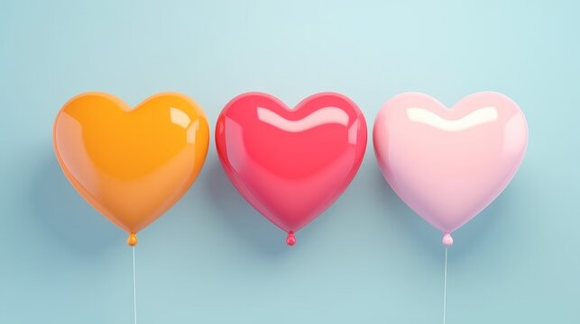 3d image of three hear shape balloons isolated on blue background. Valentines day, love