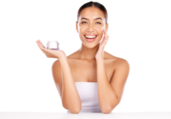 Beauty portrait, happy woman and cream product for collagen benefits, aesthetic glow or facial acne treatment. Cosmetology face, hydration creme and skin cosmetics girl on transparent, png background