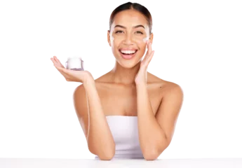 Foto op Aluminium Beauty portrait, happy woman and cream product for collagen benefits, aesthetic glow or facial acne treatment. Cosmetology face, hydration creme and skin cosmetics girl on transparent, png background © peopleimages.com