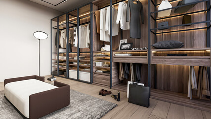 Obraz na płótnie Canvas 3d rendering dressing room wardrobe cabinet storage interior scene