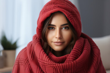 Woman with red scarf and hood looking contemplative