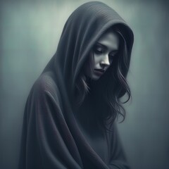 portrait of young woman in dark roomportrait of a sad girl with a hood