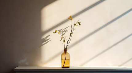 a plant in a vase on a table with a shadow of a plant on the wall behind it and a light from the window