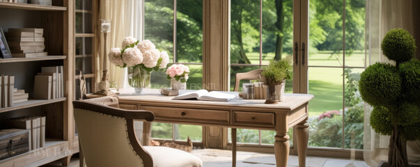 cozy home office with old furniture and computer in a beautiful spacious living room interior.