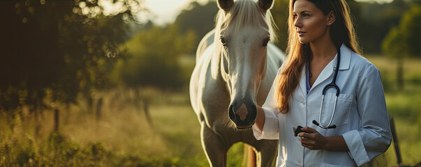 Woman horse  veterinarian examining horse with bed health in outside.