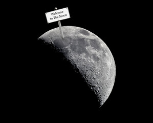 Welcome to The Moon. Signpost on the Moon close up.