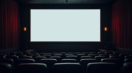 Empty movie theatre. Cinema hall with light screen and chairs.