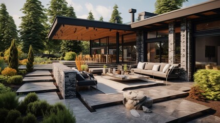 New modern home features a backyard with covered patio accented with stoned pillars and furnished with gray wicker sofa placed on concrete floor