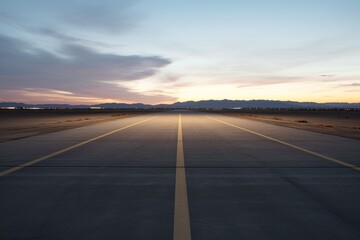 Fototapeta premium Clouds against the setting sun and the expansive view of the empty airport runway
