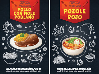 Pozole and mole poblano illustrations on black chalkboard menu vector design. Food icons of mexican traditional cuisine for restaurant posters cartoon icons.