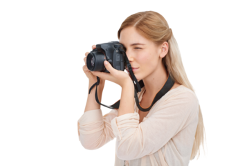 Photographer, camera focus and woman shooting creative memory picture, photoshoot session or travel view. Holiday tourist, artistic shot and freelance person isolated on transparent, png background
