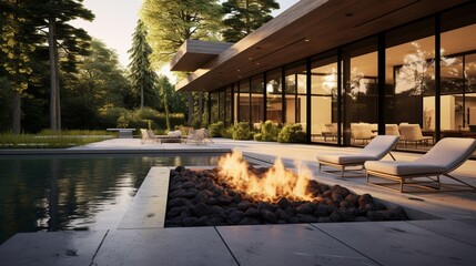 New modern home features a backyard with rectangular concrete fire pit framed by slate pavers and overlooking the lush garden