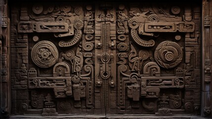 A photograph capturing an intricately carved wooden door adorned with ancient symbols, hinting at a forgotten world waiting to be unlocked. - obrazy, fototapety, plakaty