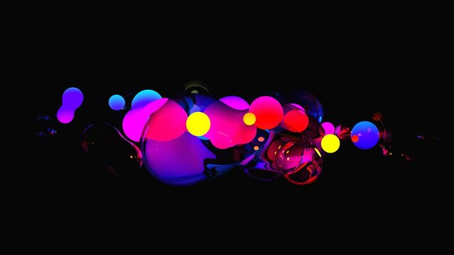 3d render of abstract art of surreal object based on meta balls spheres glass drops water liquid in neon glowing blue purple pink gradient color in transition deformation process on black background
