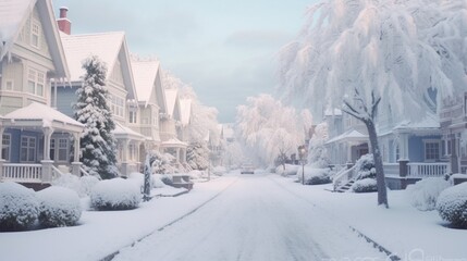 Nice neighborhood in cold,chilly and frosty winter time covered with snow
