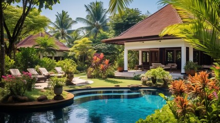 Fototapeta na wymiar Nice tropical backyard, idyllic scenic courtyard with swimming pool. Landscaping of residential house in summer. Scenery of luxury home garden, tropical bungalow back yard