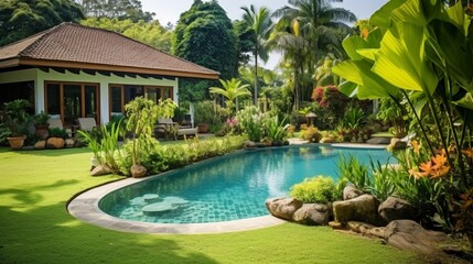 Nice tropical backyard, idyllic scenic courtyard with swimming pool. Landscaping of residential house in summer. Scenery of luxury home garden, tropical bungalow back yard