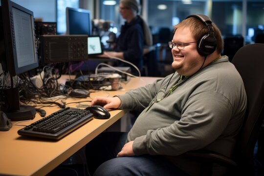 An individual with Down syndrome employed in a technology-related role within an office environment