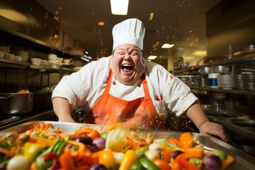 A chef with Down syndrome showcasing culinary skills in a professional kitchen, surrounded by vibrant ingredients