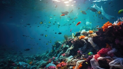 A vibrant coral reef scene transitioning into a plastic-polluted ocean, illustrating the impact of human actions on the planet
