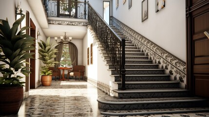 Old style design white and black tiled house stairs 8k,