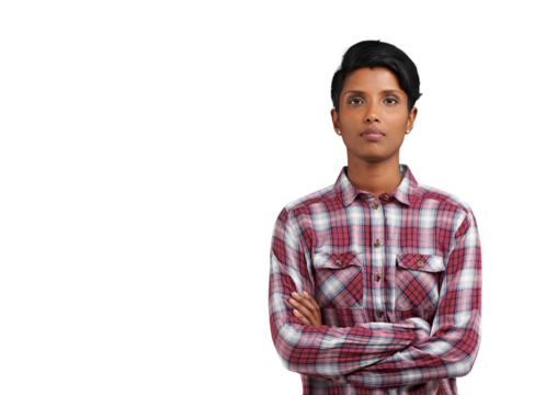 Serious portrait, woman with arms crossed and isolated on transparent png background with hipster fashion. Face of Indian person with confidence, pride and girl with empowerment, opinion or attitude.
