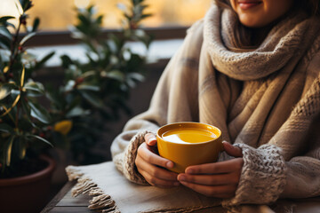 Hands holding a cup of tea indoors - obrazy, fototapety, plakaty