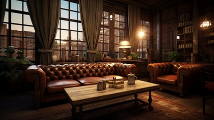 Old vintage interior with leather sofa, wood table and ceiling light. 8k,