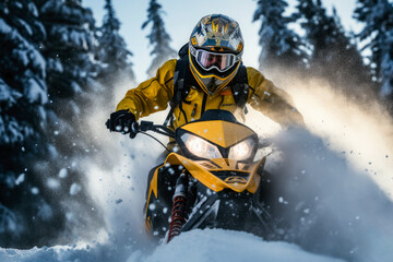 In deep snowdrift snowmobile rider make fast turn
