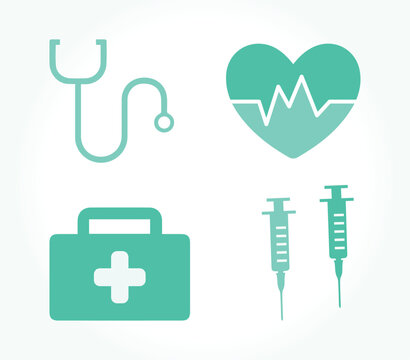 Set of syringes, bag. Medicine, hospital, clinic, care, instrument. Medical kit, stethoscope, nurse. Heart, heartbeat, health, healthy. Emergency, urgency, treatment. Illustration, design, icon, vecto